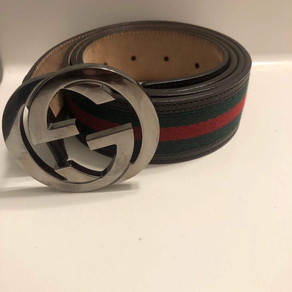 Gucci Men's Dark Brown leather belt w/, Green/Rede Design Sz 44